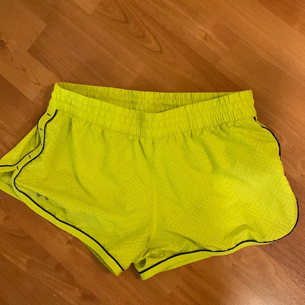 Under Armour lightweight neon running shorts, semi-fitted, breathable